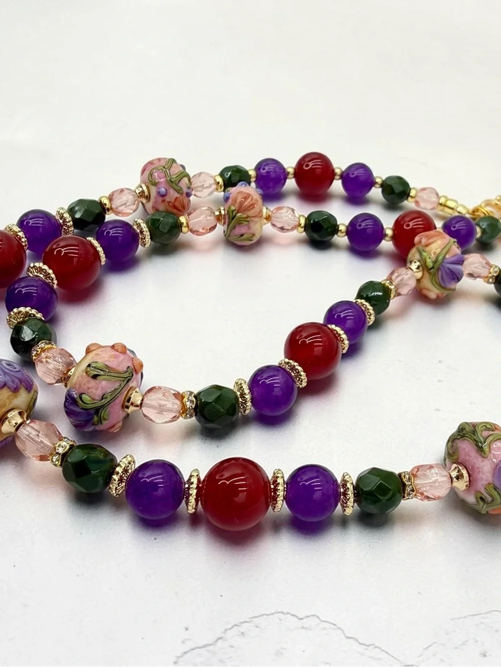 Artisan Handmade Amethyst Carnelian Lampwork Floral Necklace 20” Gold Floral Lux - Picture 12 of 17